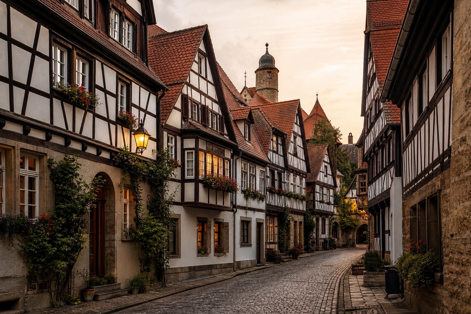 Historische deutsche Dorfstraße mit Fachwerkhäusern und warmem Abendlicht