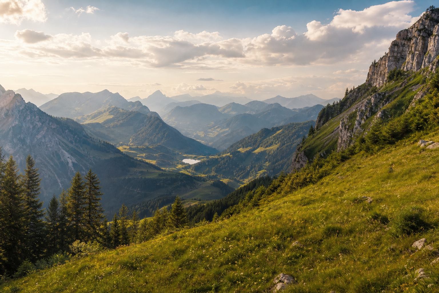Bayerische Alpen mit Bergwiesen und Gipfelkette