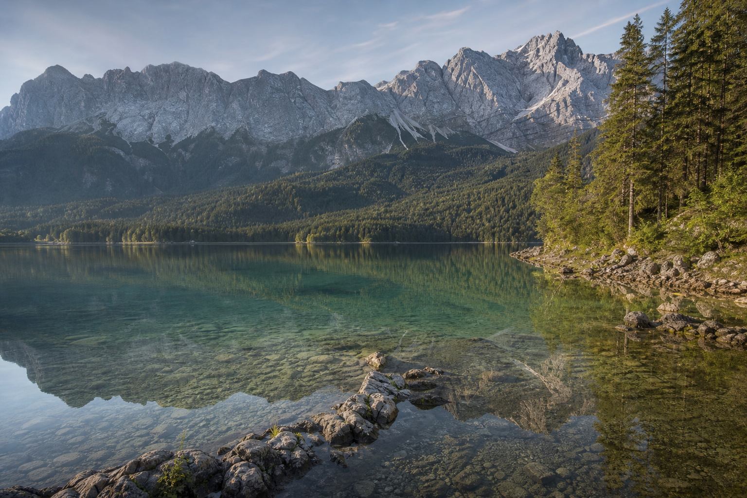 Eibsee mit türkisgrünem Wasser und Zugspitzblick