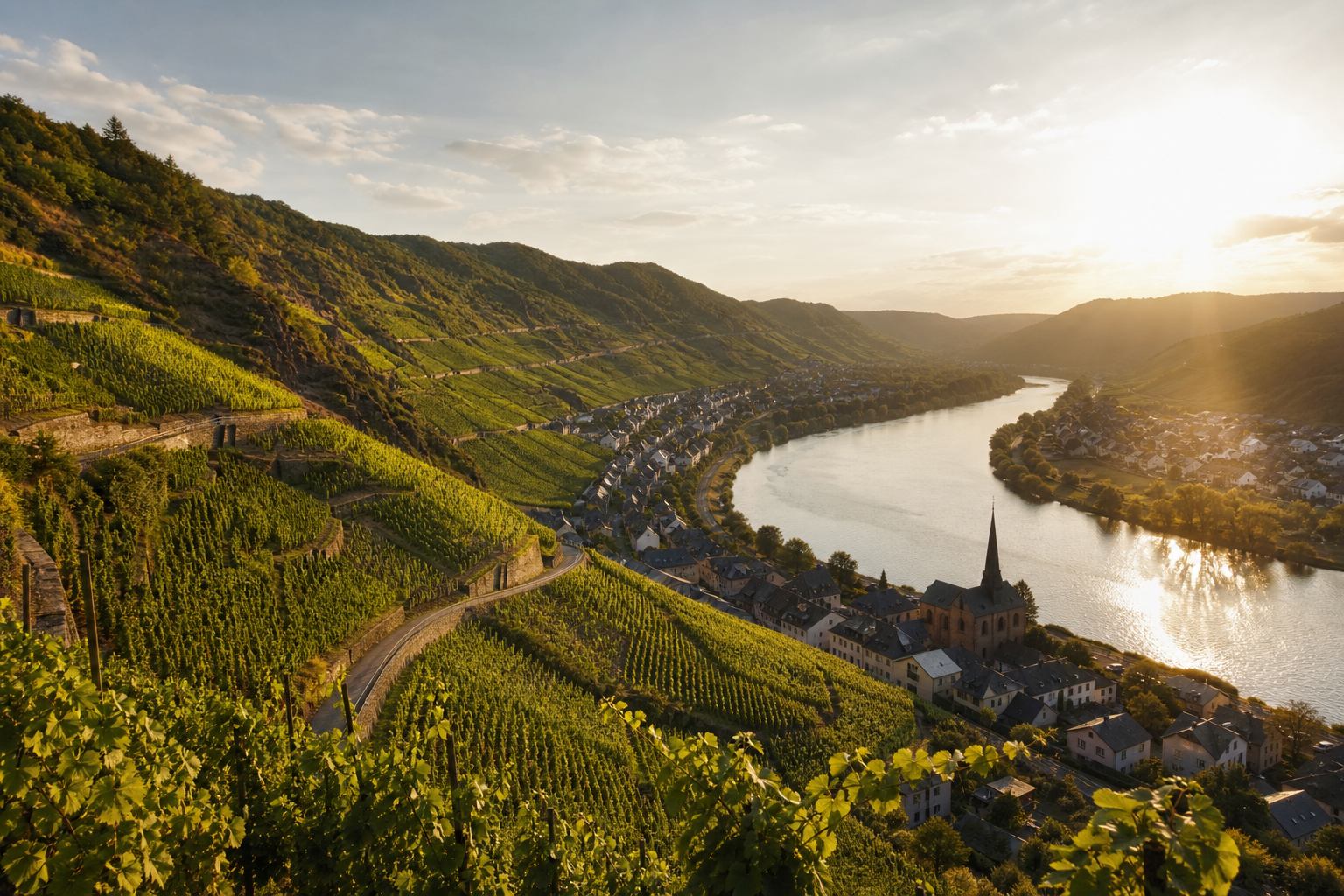Moselschleife mit Weinbergen und Dorf am Ufer