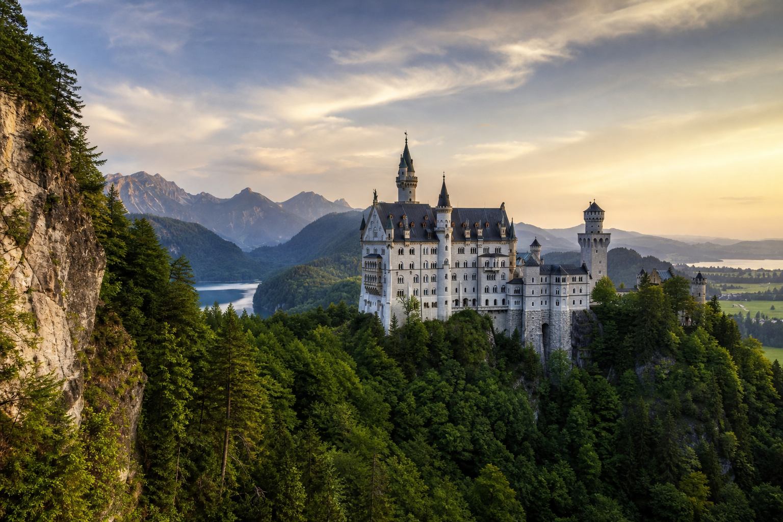 Schloss Neuschwanstein umgeben von Wäldern und Alpenkulisse