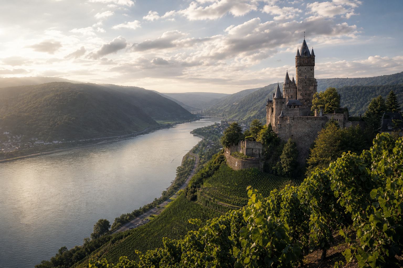 Rheintal mit Flussschleife, Weinbergen und Burgsilhouette